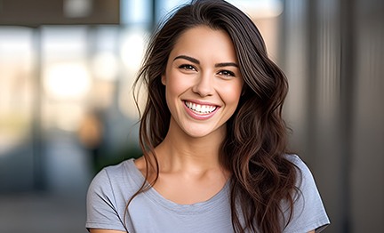 Closeup of woman in grey shirt smiling outside