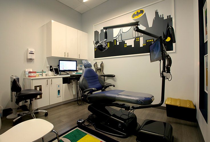 Comic book themed kids dental exam room