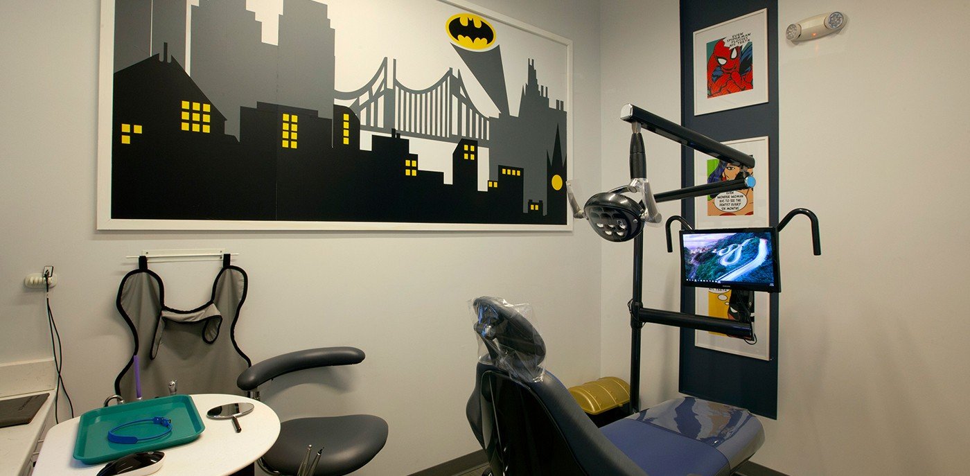 Comic book themed dental exam room