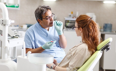 Dentist and patient talking about Chao pinhole surgical technique treatment