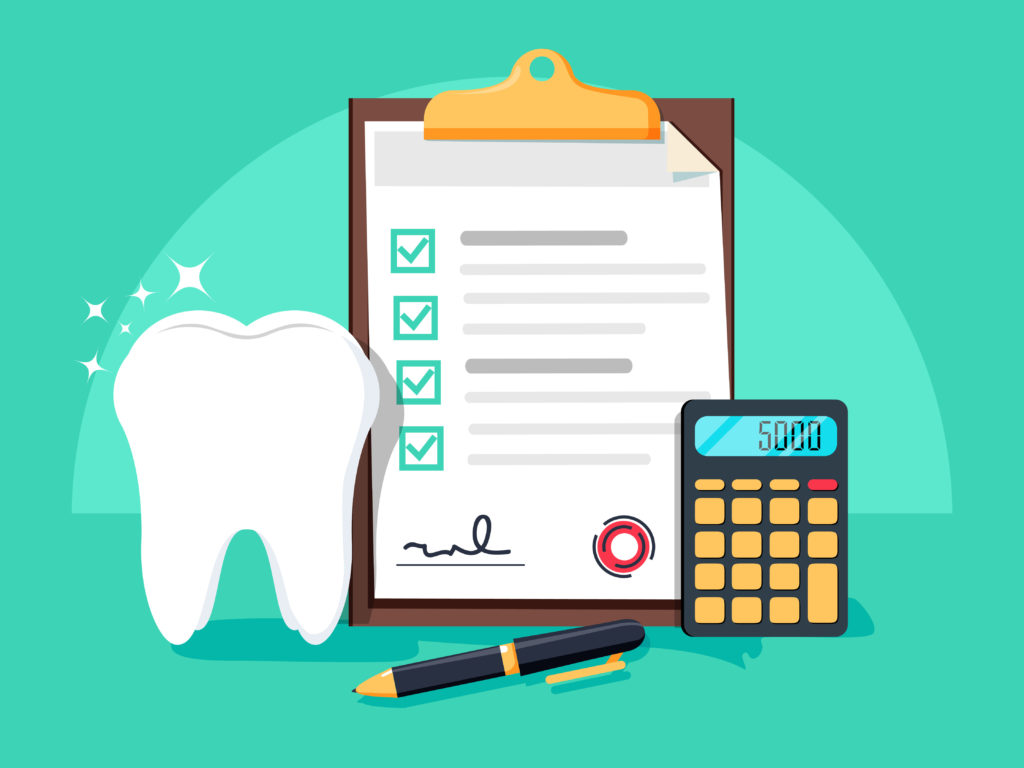 Graph of paperwork, tooth, and calculator