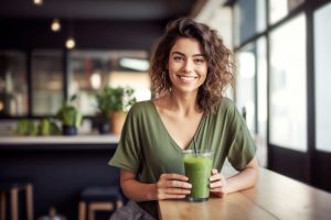 Woman with brown curly hair at a juice bar smiling with a health green drink